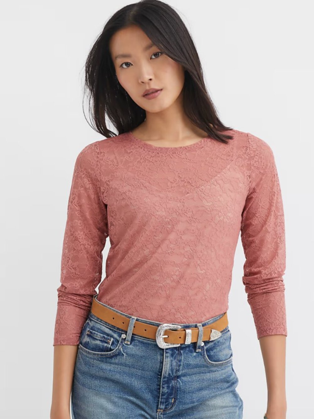 NWT LOFT | 2025 Floral Lace Long Sleeve Crew Neck Tee Rose Mauve | Size Large